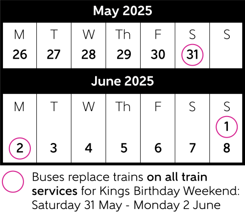 Kings birthday weekend calendar image showing BRT over the long weekend