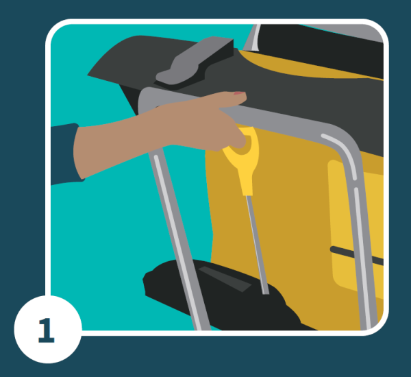 Diagram of a hand squeezing the yellow lever on a bus rack