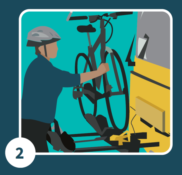 Diagram of a person lifting a bike onto a bus bike rack