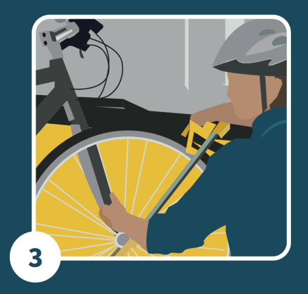 Diagram of a person securing the support arm over the wheel of their bike