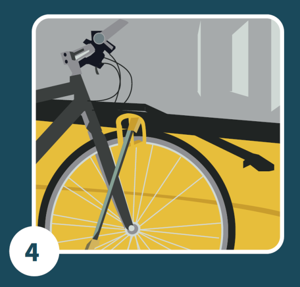 Diagram showing the support arm securely fitted over the top of the bike's front wheel