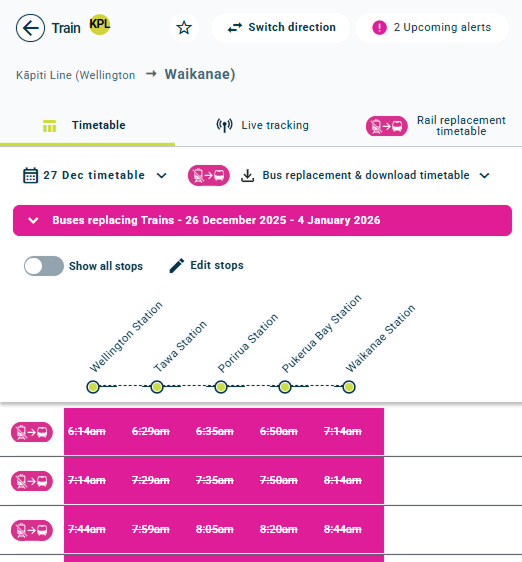 A train timetable with services affected by BRT in pink