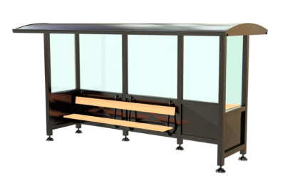 Covered bus shelter with double wooden bench and single wheelchair space