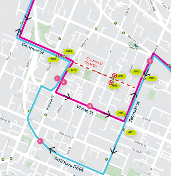 image shows detour and closed stops