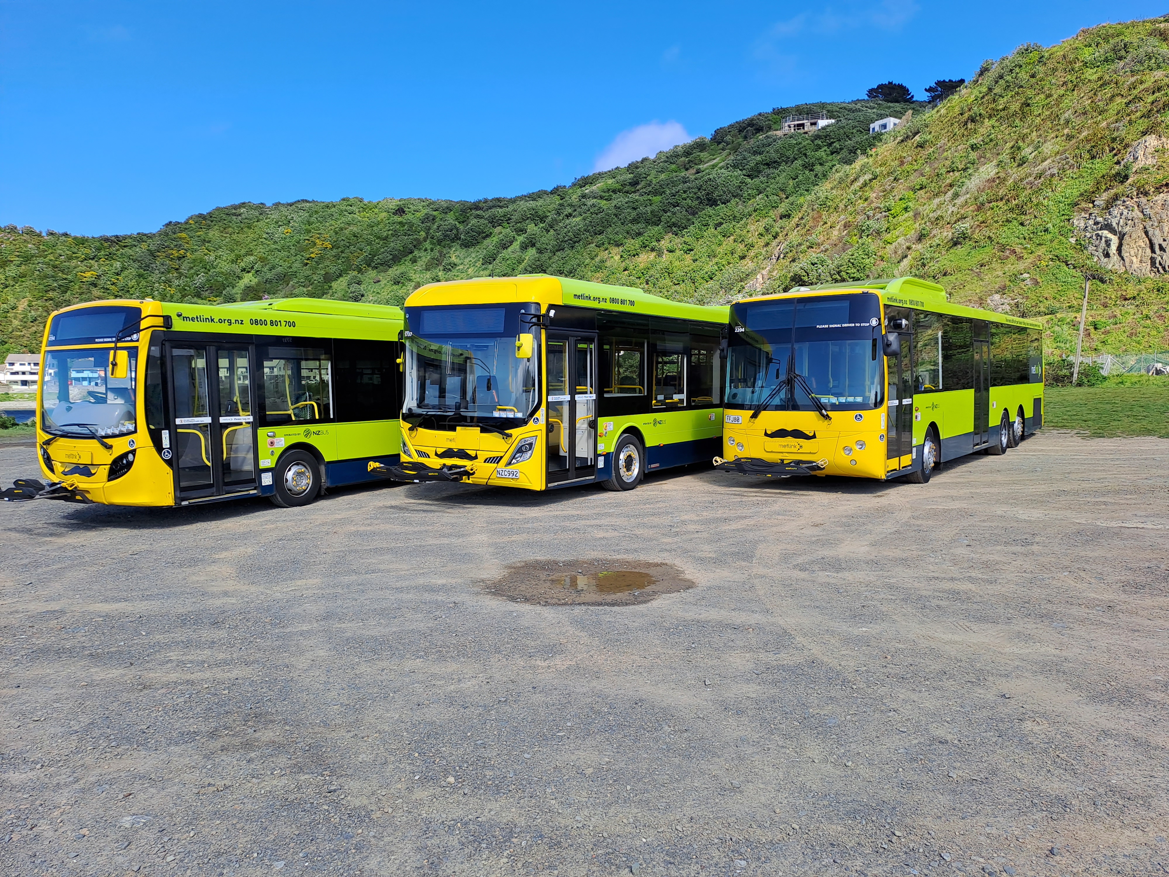 Three Metlink buses with moustaches on their front