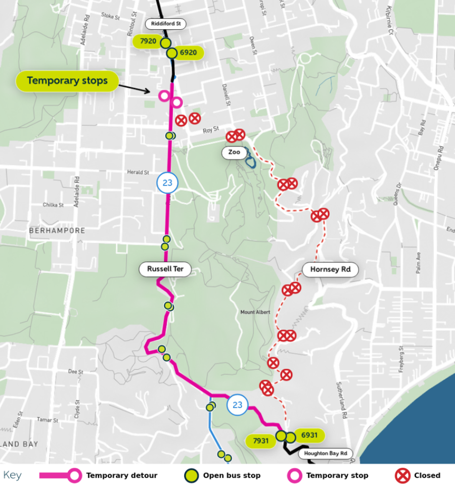 image shows all closed stops and alternate stops during detour