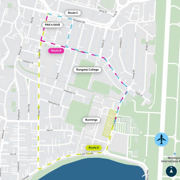 Map of proposed access routes to Lyall Bay bus depot