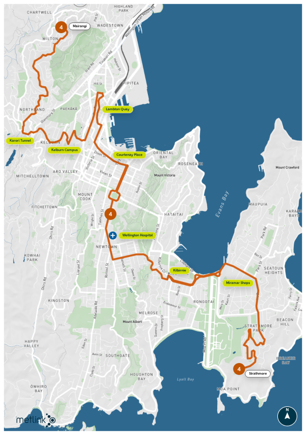 Map of new bus route 4 between Strathmore and Mairangi