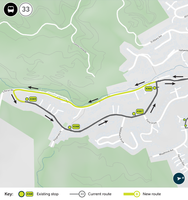map showing the route 33 loop at the end of the service