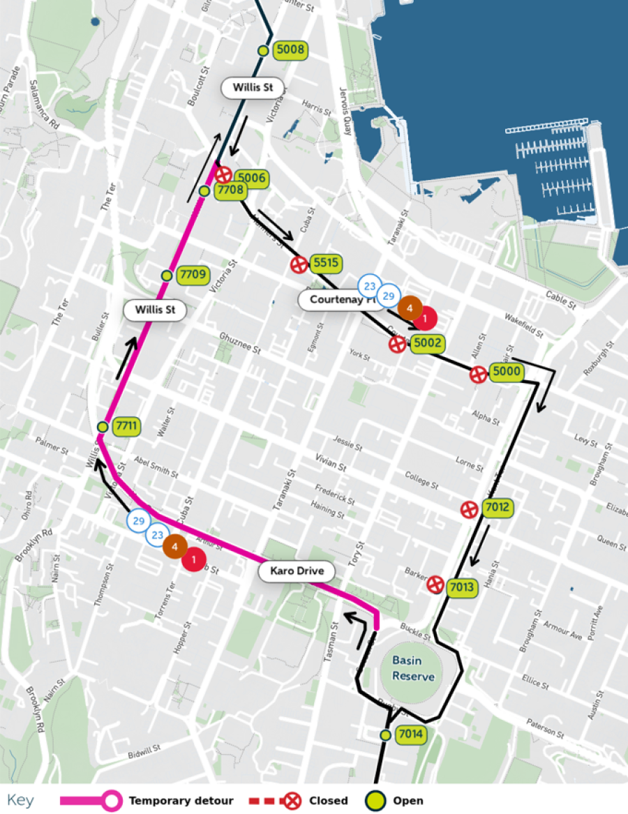 image shows detour and closed stops