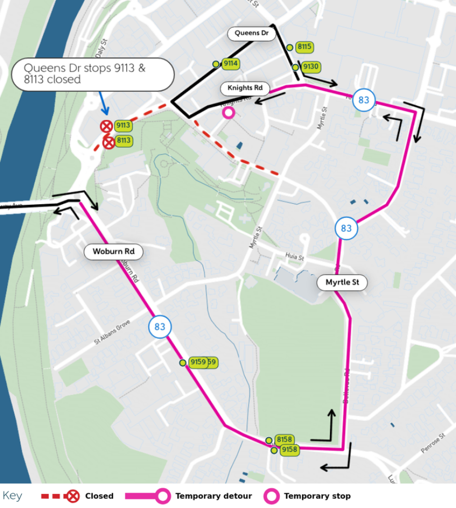 image shows detour and closed stops