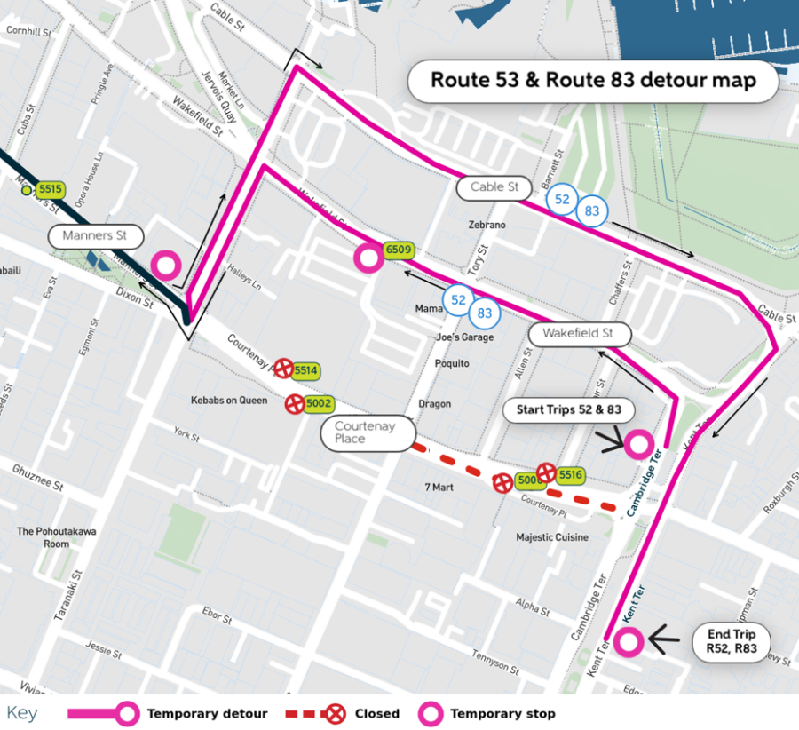 image shows detours, temporary and closed stops
