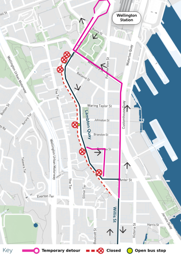 Image shows second detour used for southbound buses via Panama St for a short period of time