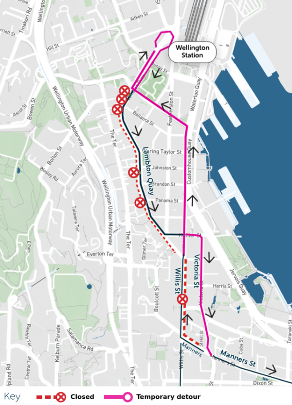 image shows detour, and closed stops