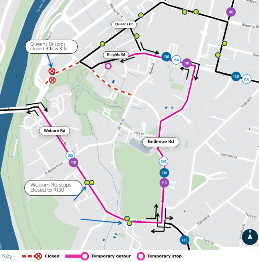 image shows detour and closed stops