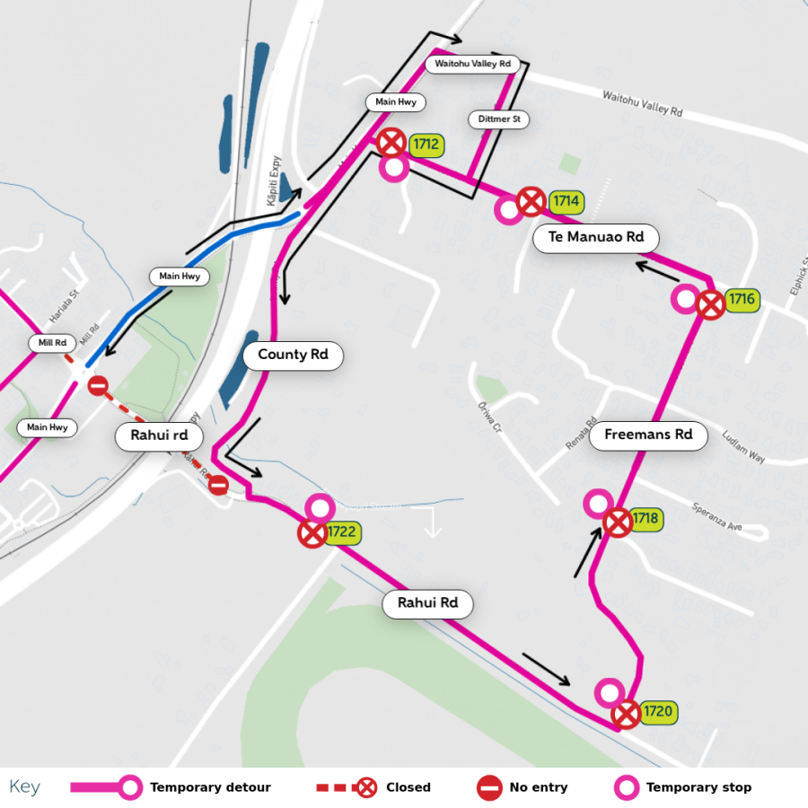 image shows detour and closed stops, its shows temp stops located opposite each closed stop 