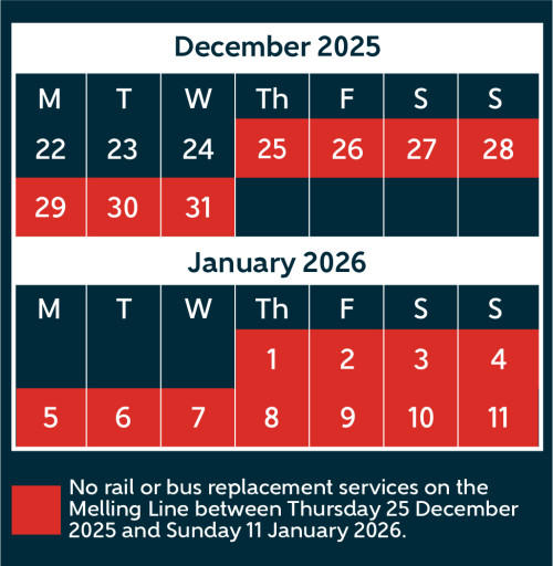 Calendar showing NO SERVICE on MEL over December 25 to January 11