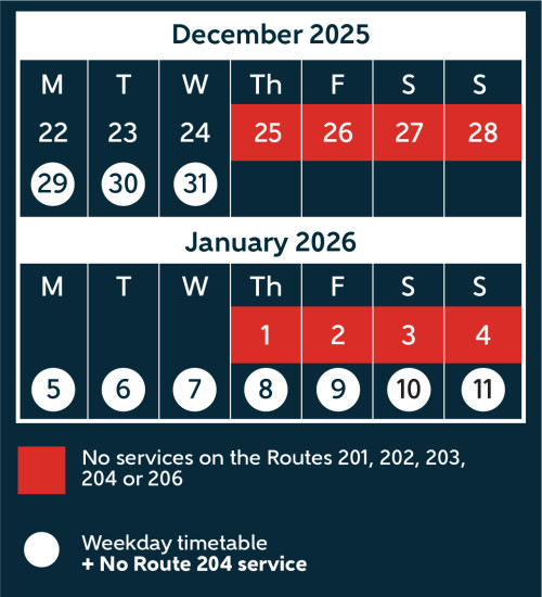 Calendar showing routes 201 - 206 over December and January'