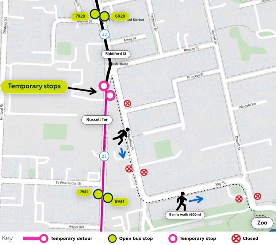 image shows walking route from temp stops to the zoo