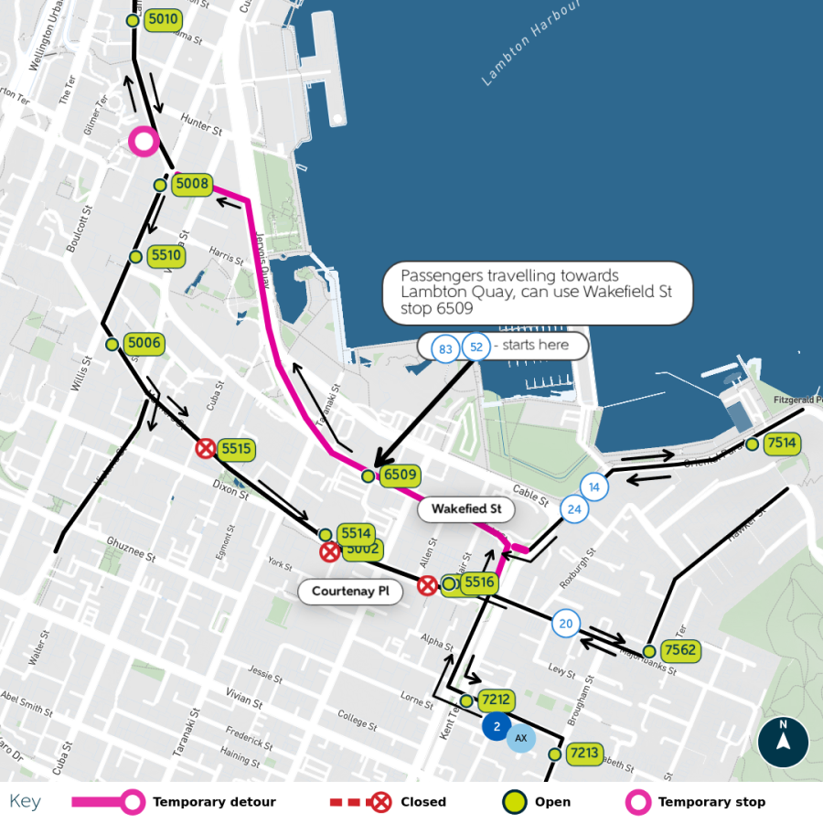 image shows detour and closed stops